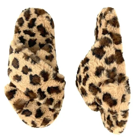 TRUE CRAFT Women's CrissCross Flats Fuzzy Furry Slippers Leopard Medium(7-8) - Picture 2 of 11